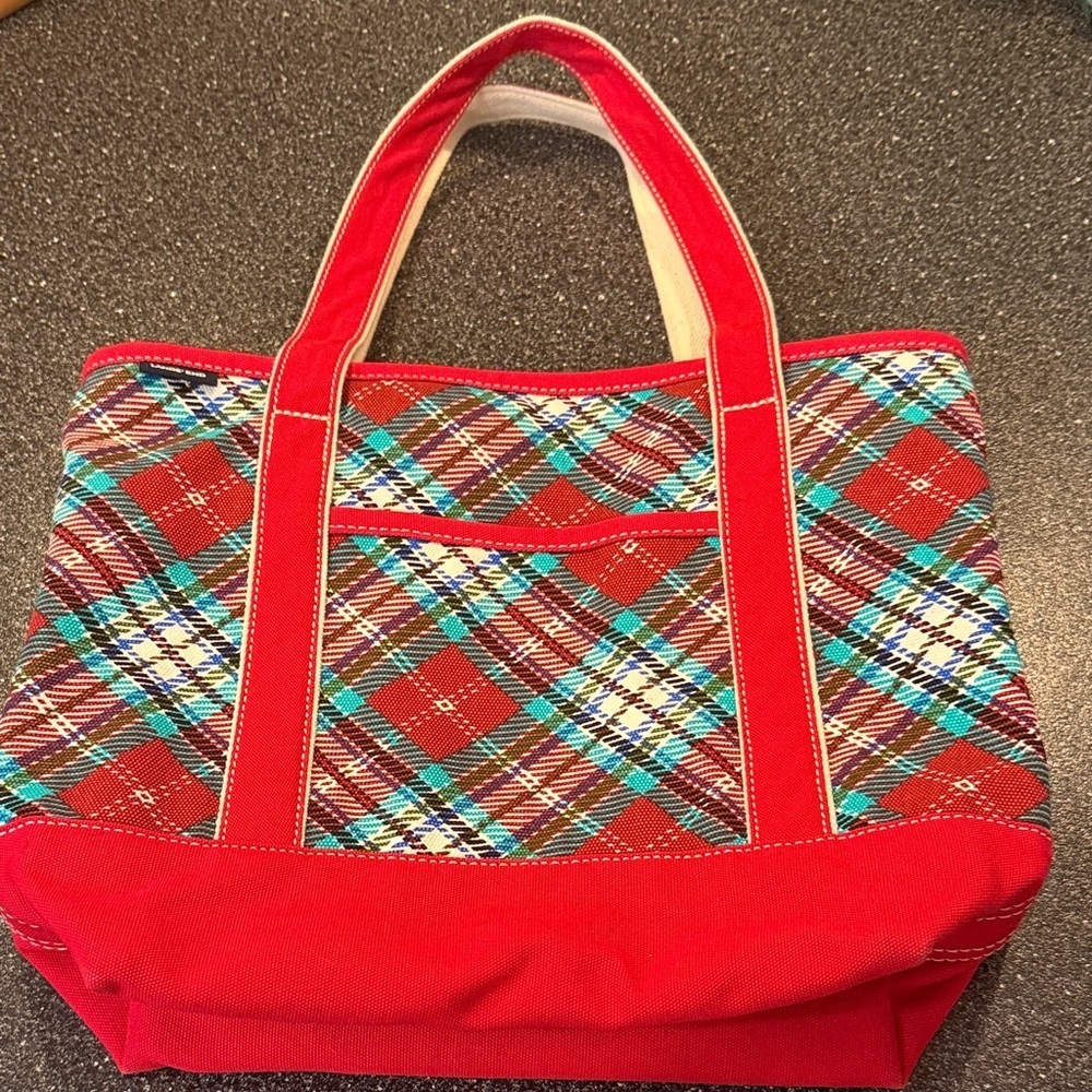 Lands' End Red Plaid Canvas Tote with Turquoise & Cream Accents